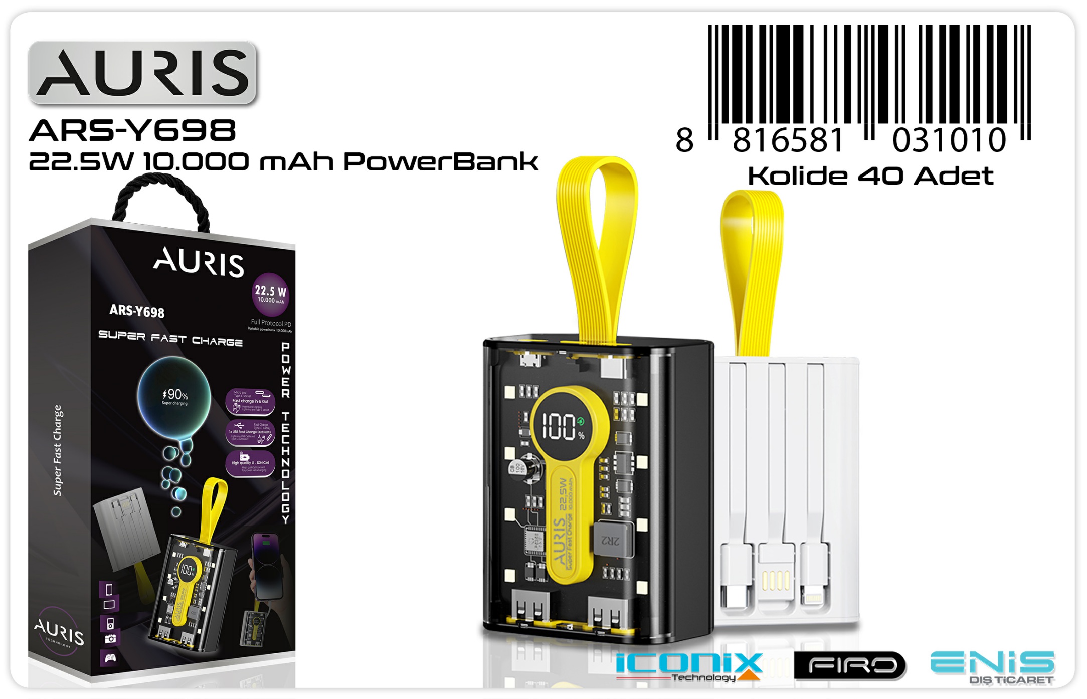 Auris Y698 SİYAH 22-5W 10000 mAh Super Fast Power Bank Kablolu
